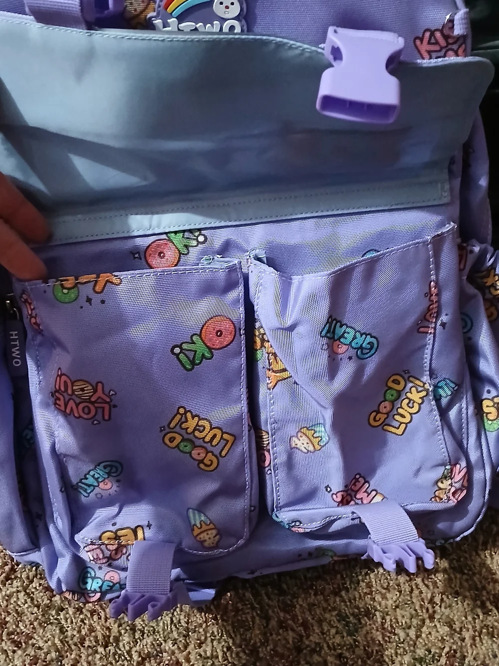 Kids Purple Backpack with Cute Bear Patch And Keychain
